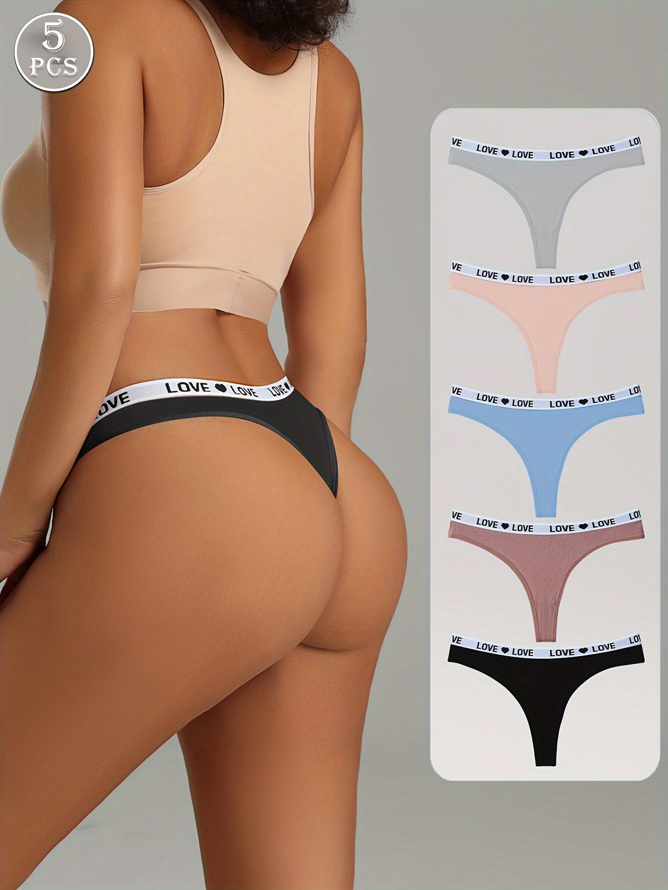 Women's Cotton Thong Panties 5-Pack with Lettering Stretchy Band Assorted Colors