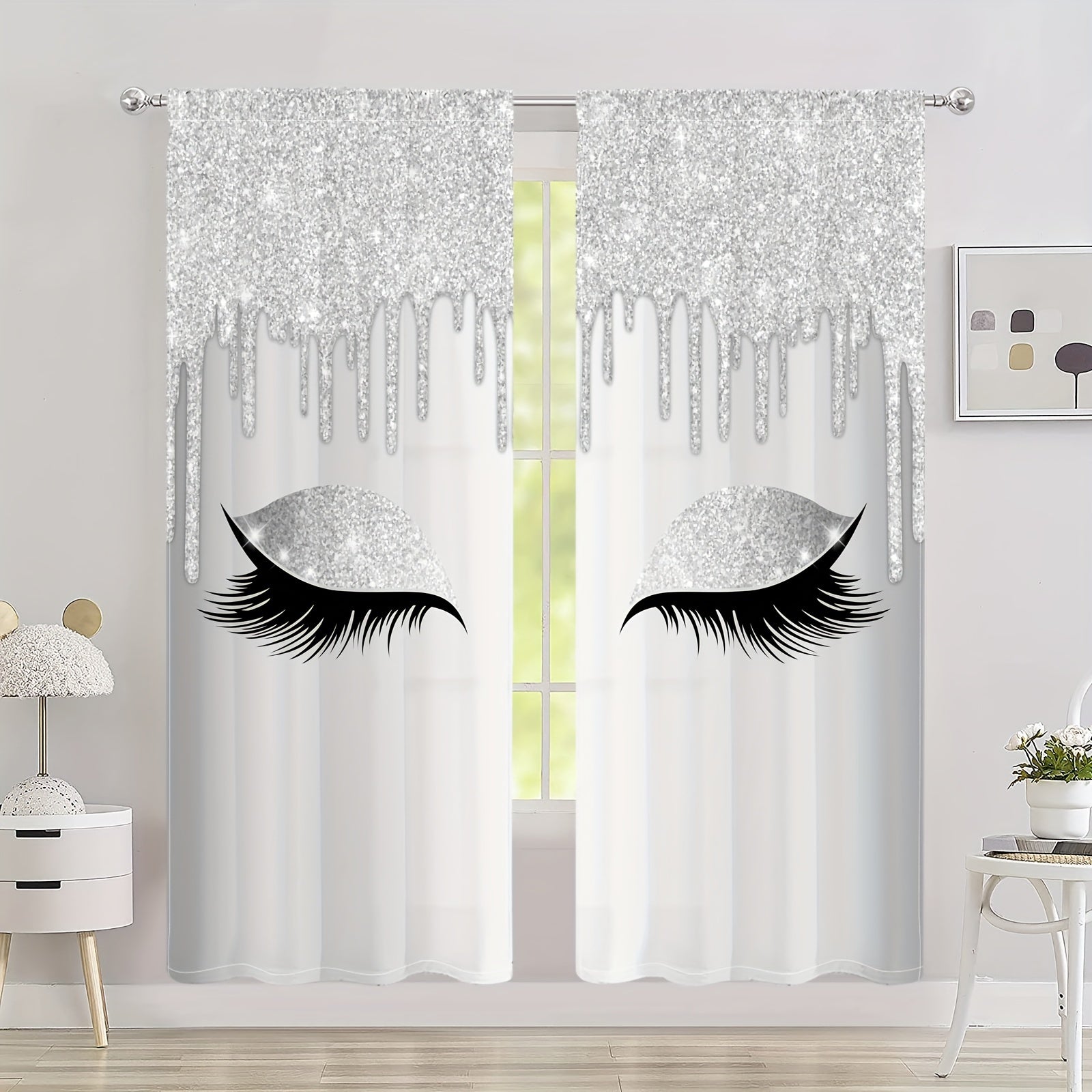 Set of Two Eyelash Printed Curtains, Rod Pocket Window Treatments for Bedroom and Living Room