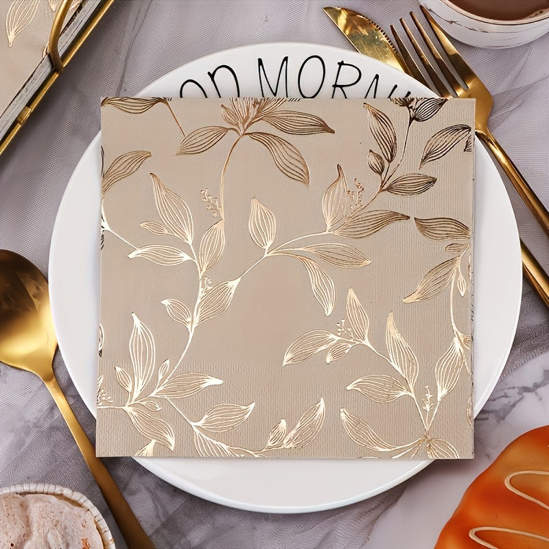 Gold Leaf Disposable Napkins 20 Count, Elegant Party Tableware for Holidays
