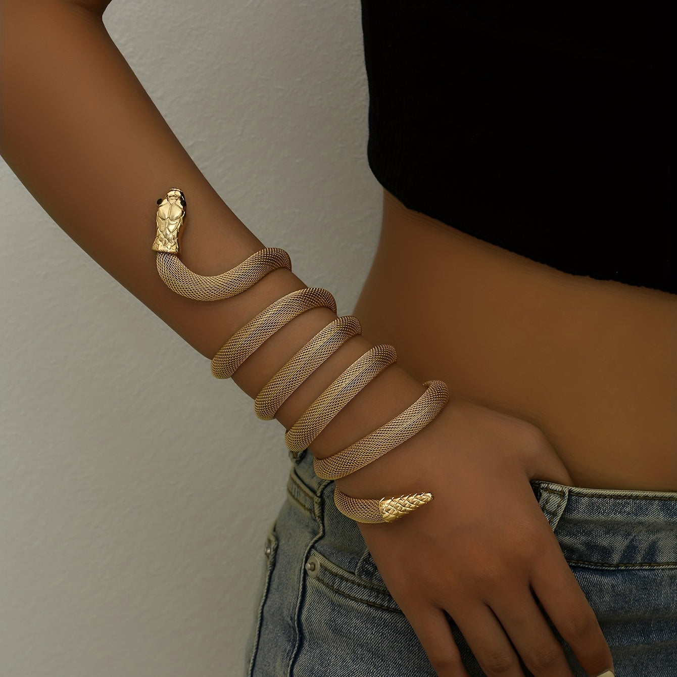 Golden Snake Pattern Metal Bangle Bracelet for Women Open Wrap Design