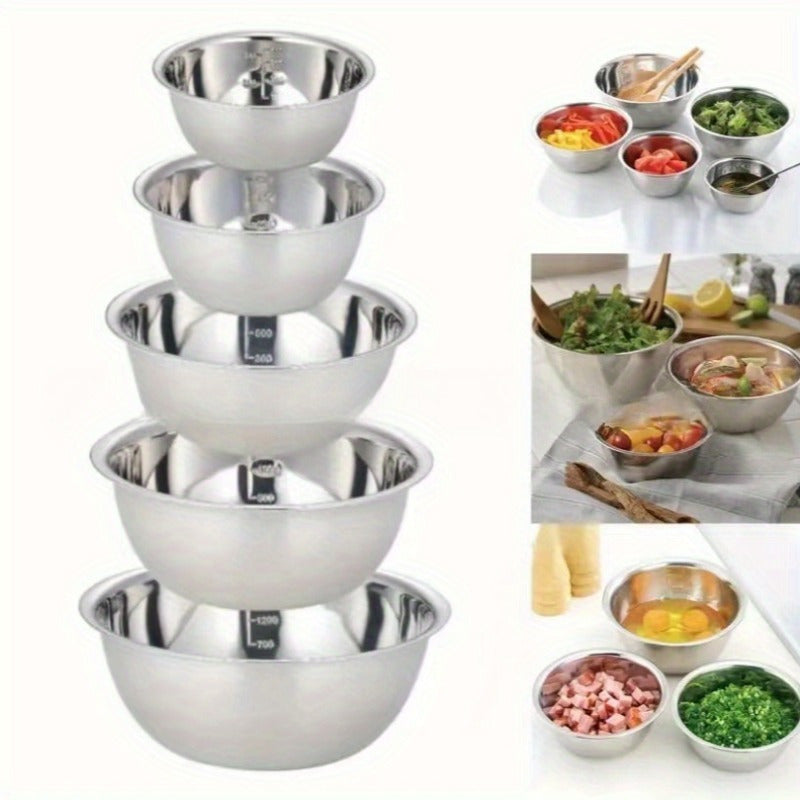 Set of 5 Stainless Steel Kitchenware Bowls for Salads Soups Baking and Serving