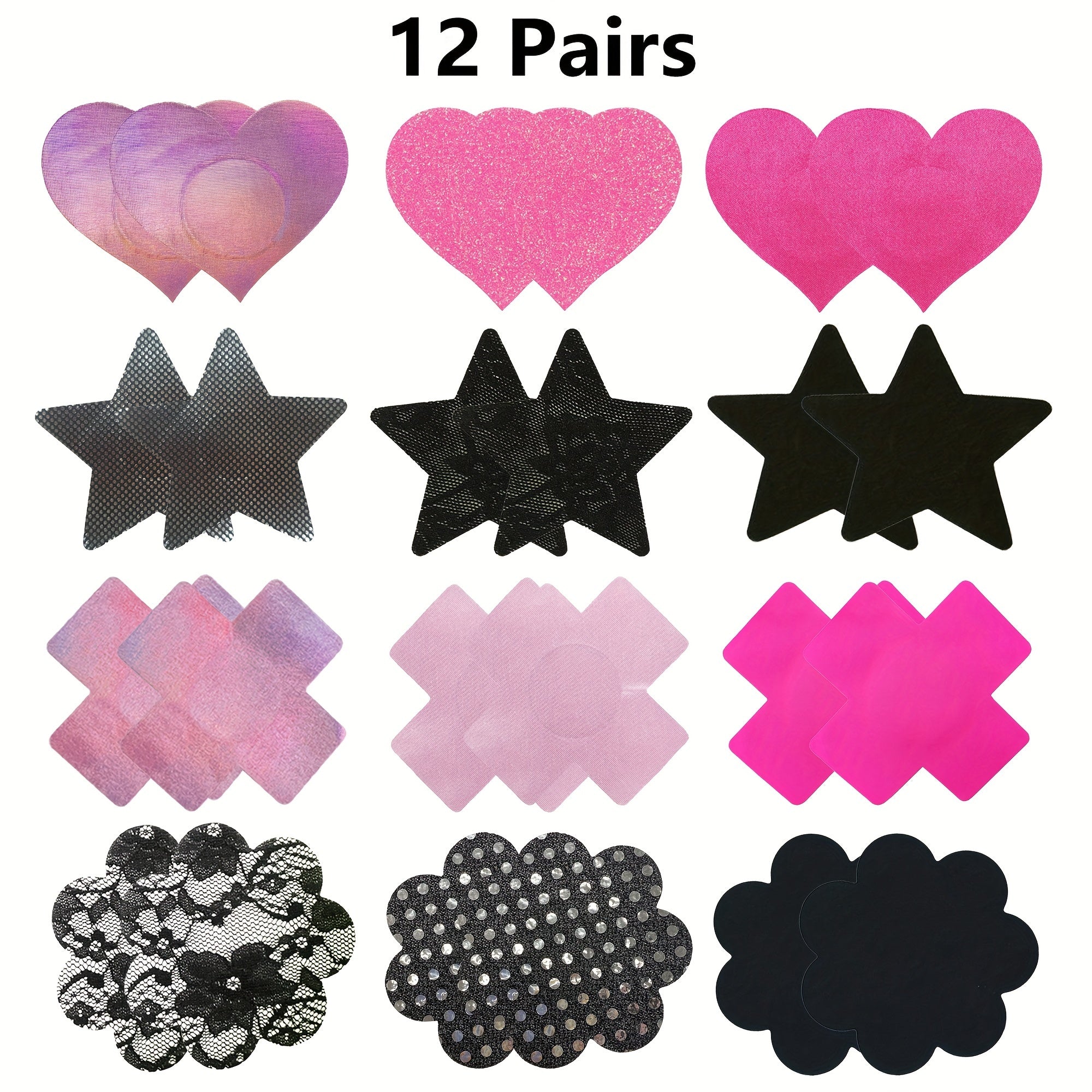 Set of 12 Black Breast Stickers with Pink Girl Design for Nipple Decoration and Body Art