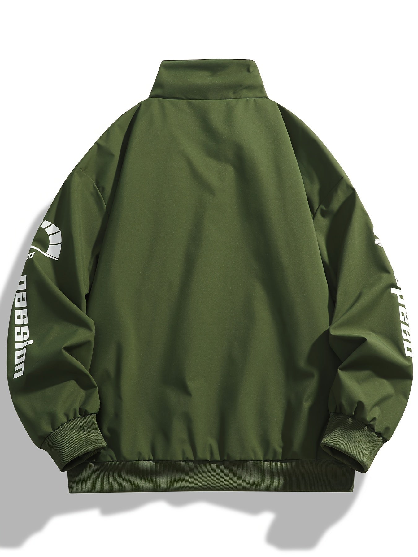 Erkaklar uchun poliester bomber kurtkasi, fermuari bilan yopiladi, turli xil yenglar, va harf bosma - Norasmiy kiyim uchun ideal.