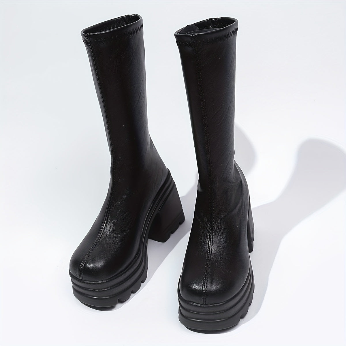 Women's Faux Leather Mid-Calf Boots with Chunky Heel and Casual Style