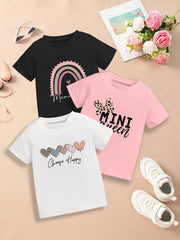 Girls' Polyester T-Shirt Set of 3 Casual Love and Letter Print for Valentine's Day and Ramadan
