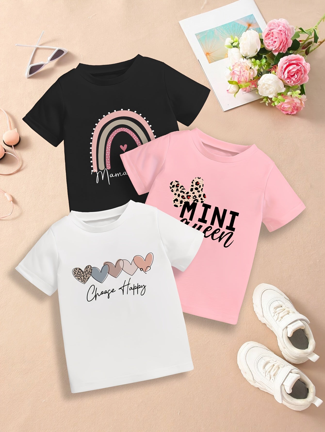 Girls' Polyester T-Shirt Set of 3 Casual Love and Letter Print for Valentine's Day and Ramadan