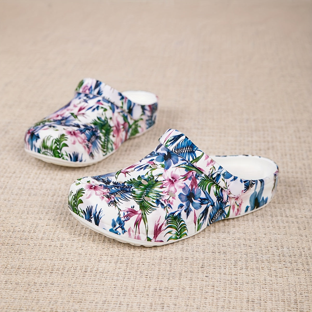 Women's Lightweight EVA Slip-On Shoes with Tropical Floral Print Blue Pink Green