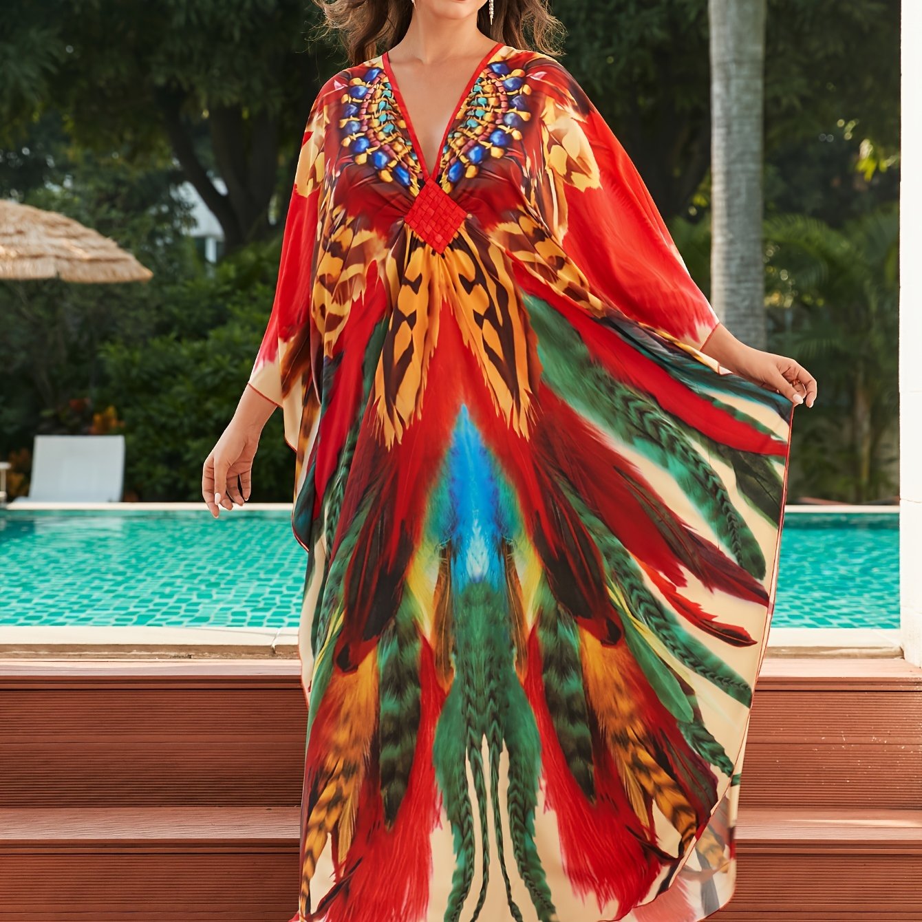 Ayollar uchun Bohemiy Maxi Plyaj Kiyim V-Yengli Batwing yengli yengil polyester yozda basseyn yoki plyaj uchun