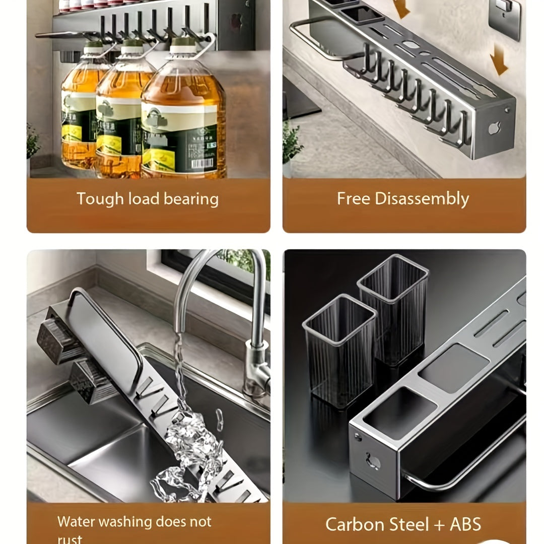 Carbon Steel Wall-Mounted Utensil Holder with Towel Bar and Drain Basket