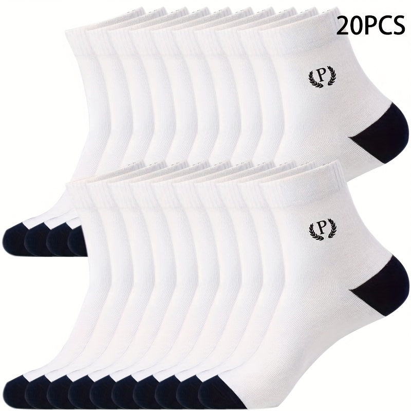 Men's Mid-Calf Socks Pack of 20 Solid Colors Breathable Casual Sports Polyester Spandex