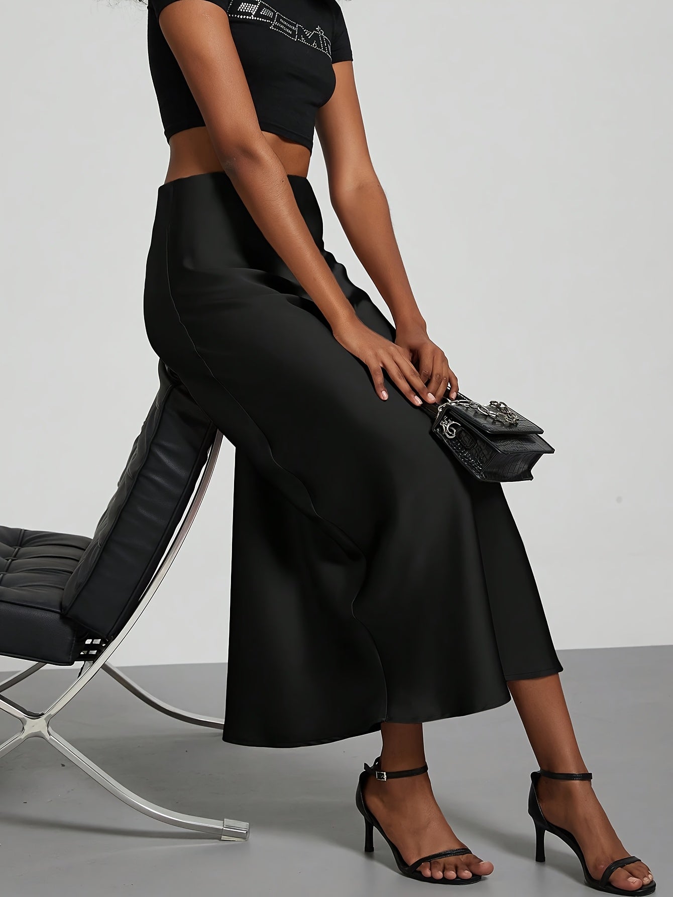 Women's High-Waisted Burgundy Satin Maxi Skirt Spring Summer Fall Elegant Machine Washable