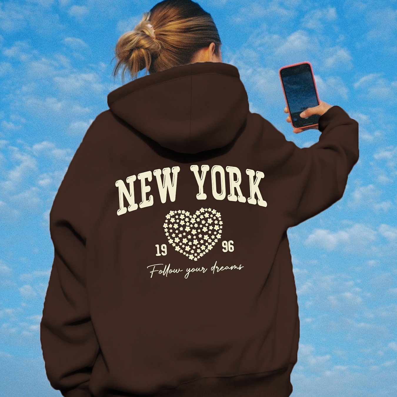 Толстовка женская оверсайз с капюшоном, повседневная, с принтом сердца, коричневая, всесезонная