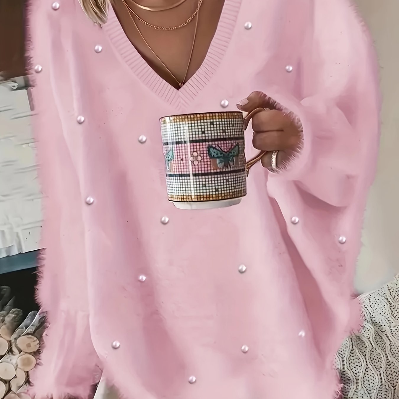 Plus Size Women's Yellow V-Neck Sweater Fleece-Lined Cuffs Geometric Pattern