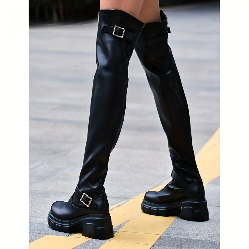 Women's Over-the-Knee Boots With Buckle Thick Sole Chunky Heel