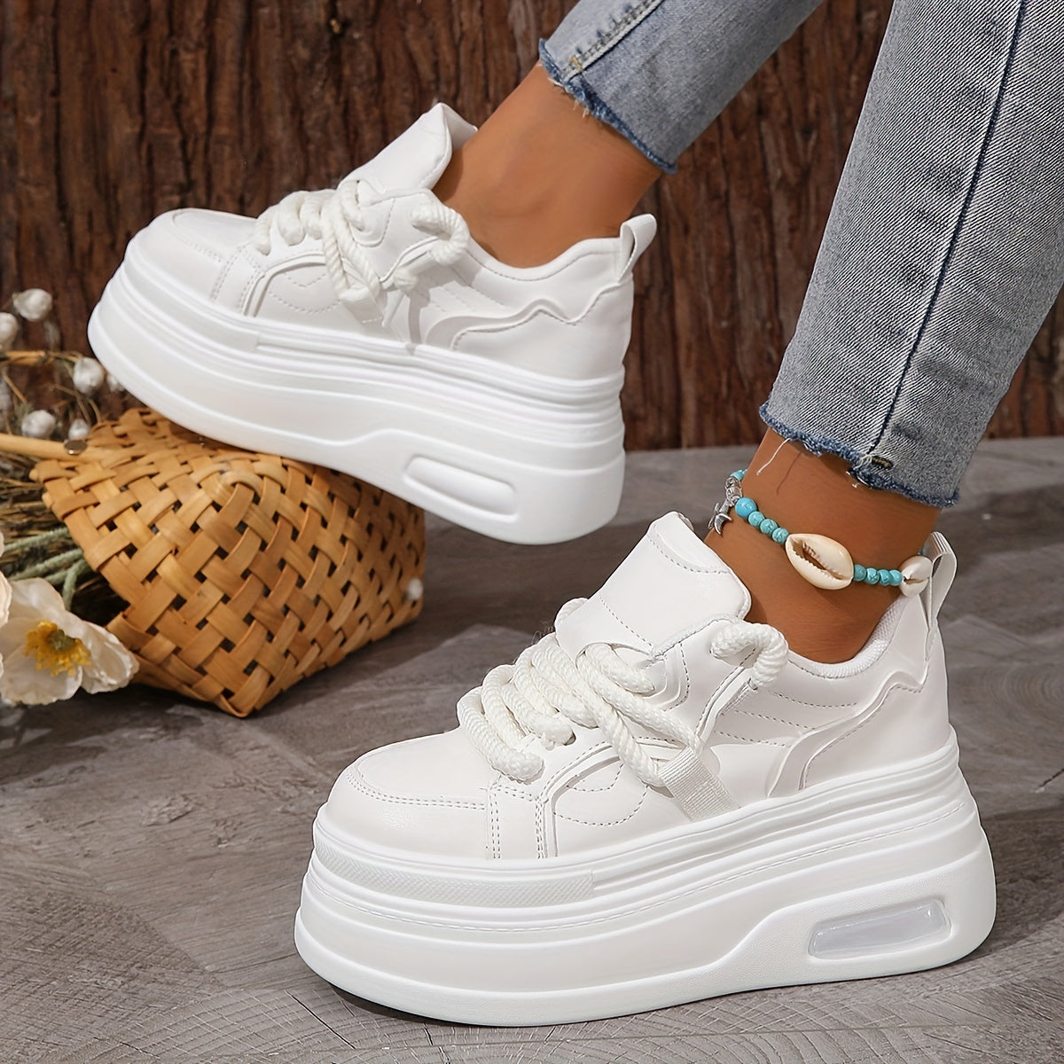 Women's Trendy Platform Sneakers Lace Up Wedge Skate Shoes Air Cushion