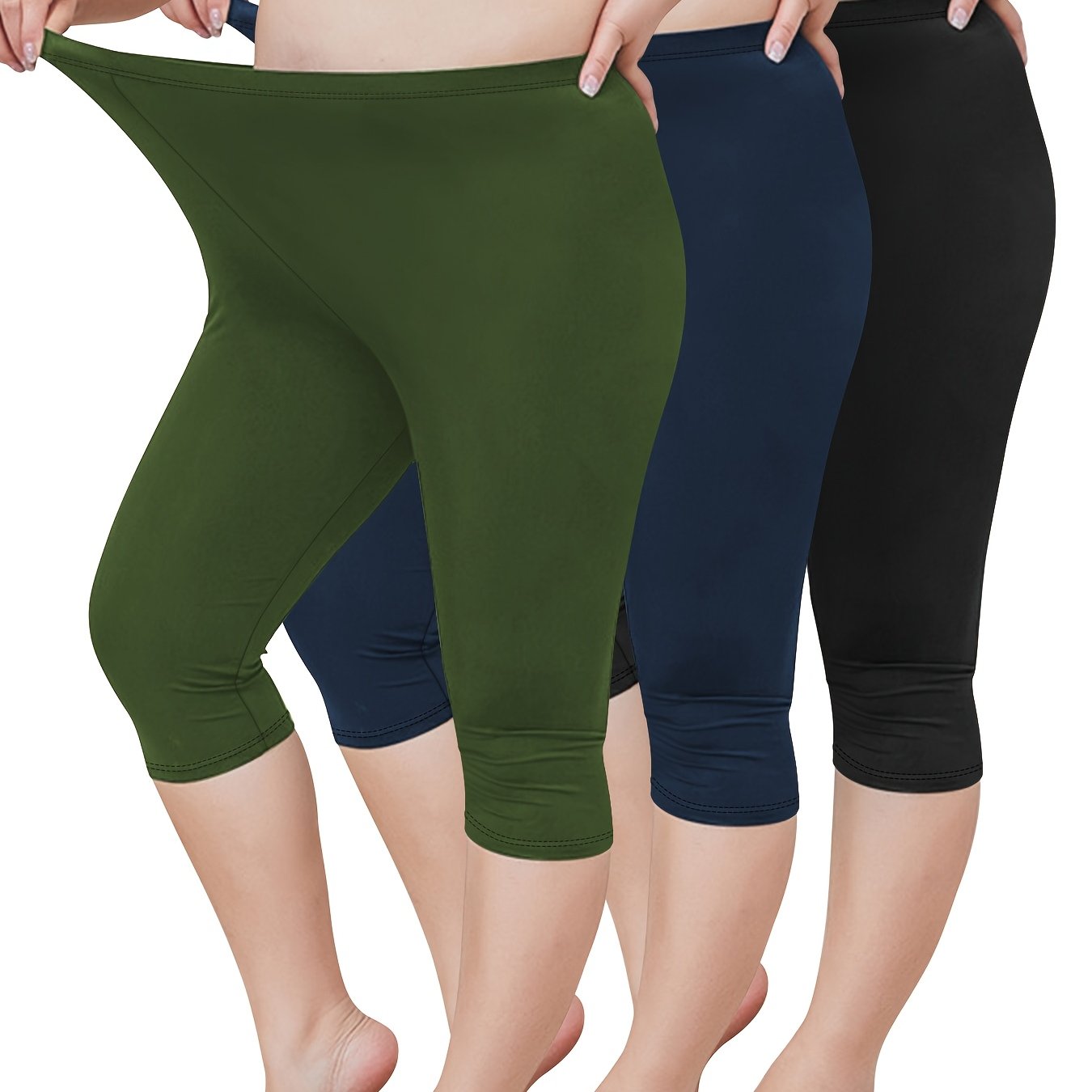 Plus Size Women's High-Waisted Capri Leggings 3 Pack Black Lightweight Soft