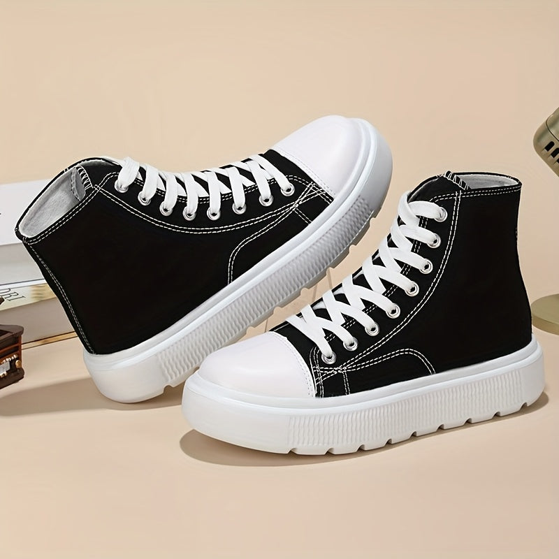 Women's Breathable Canvas Flat High Top Sneakers Black All Season Casual Shoes
