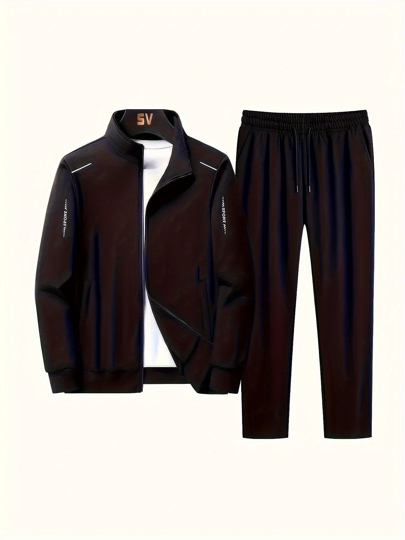 Men's Casual 2-Piece Outfit Fall Winter Solid Color Zip Jacket Drawstring Pants