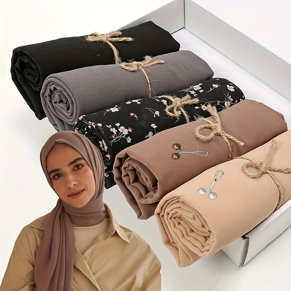 Set of 5 Elegant Chiffon Hijabs with Faux Pearl Pins for Valentine's and Mother's Day