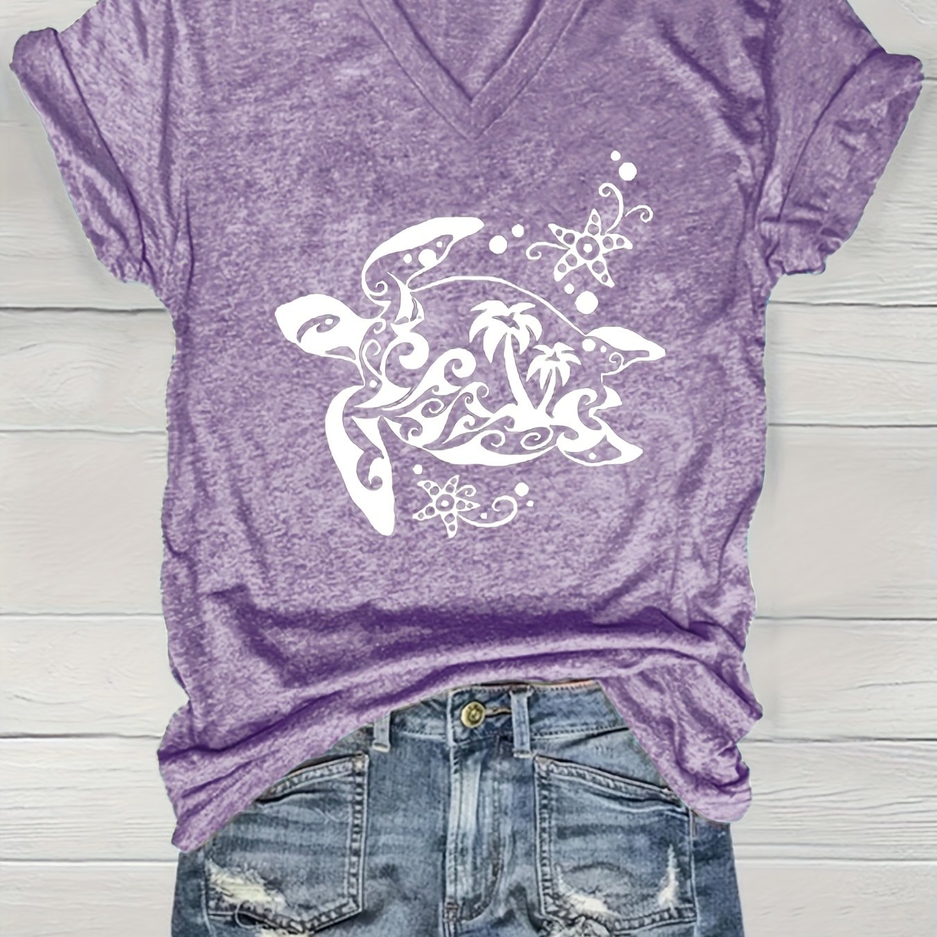 Women's V-Neck Short Sleeve T-Shirt Lightweight Polyester Summer Teal Geometric