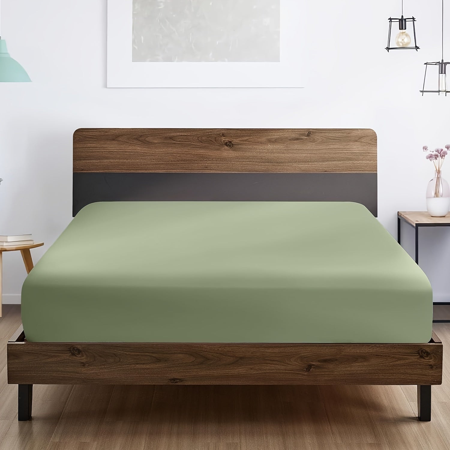 Sábana ajustada verde de microfibra transpirable con bolsillos profundos para todos los tamaños de cama