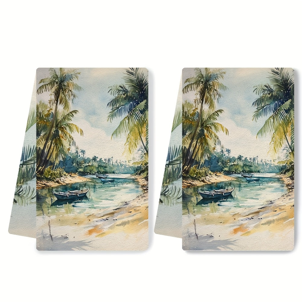 Ikkita tropik lagunali oshxona sochiqlari super singdiruvchi polyester to'qima matodan tayyorlangan. Zamonaviy qirg'oq uslubida mashinada yuvilishi mumkin. Har bir sochiqning o'lchami 40.64x60.96 sm. Mahsulot raqami: 2KYSYS1218413.