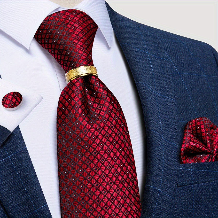 Men's Tie Set with Paisley Plaid and Striped Designs Including Pocket Square Cufflinks Ring