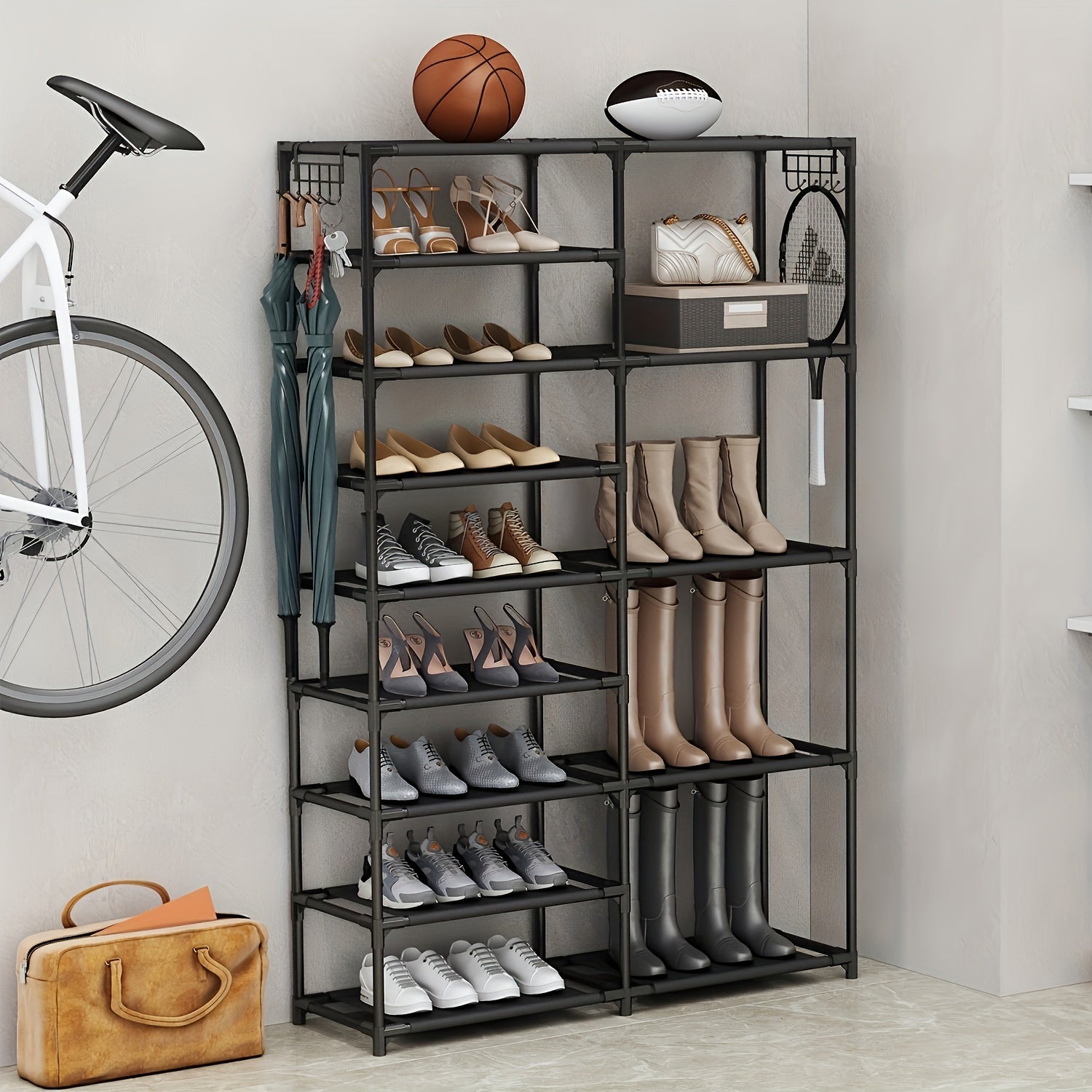 Black Shoe Rack Organizer 9 Tiers Large Capacity Garage Storage with Hooks