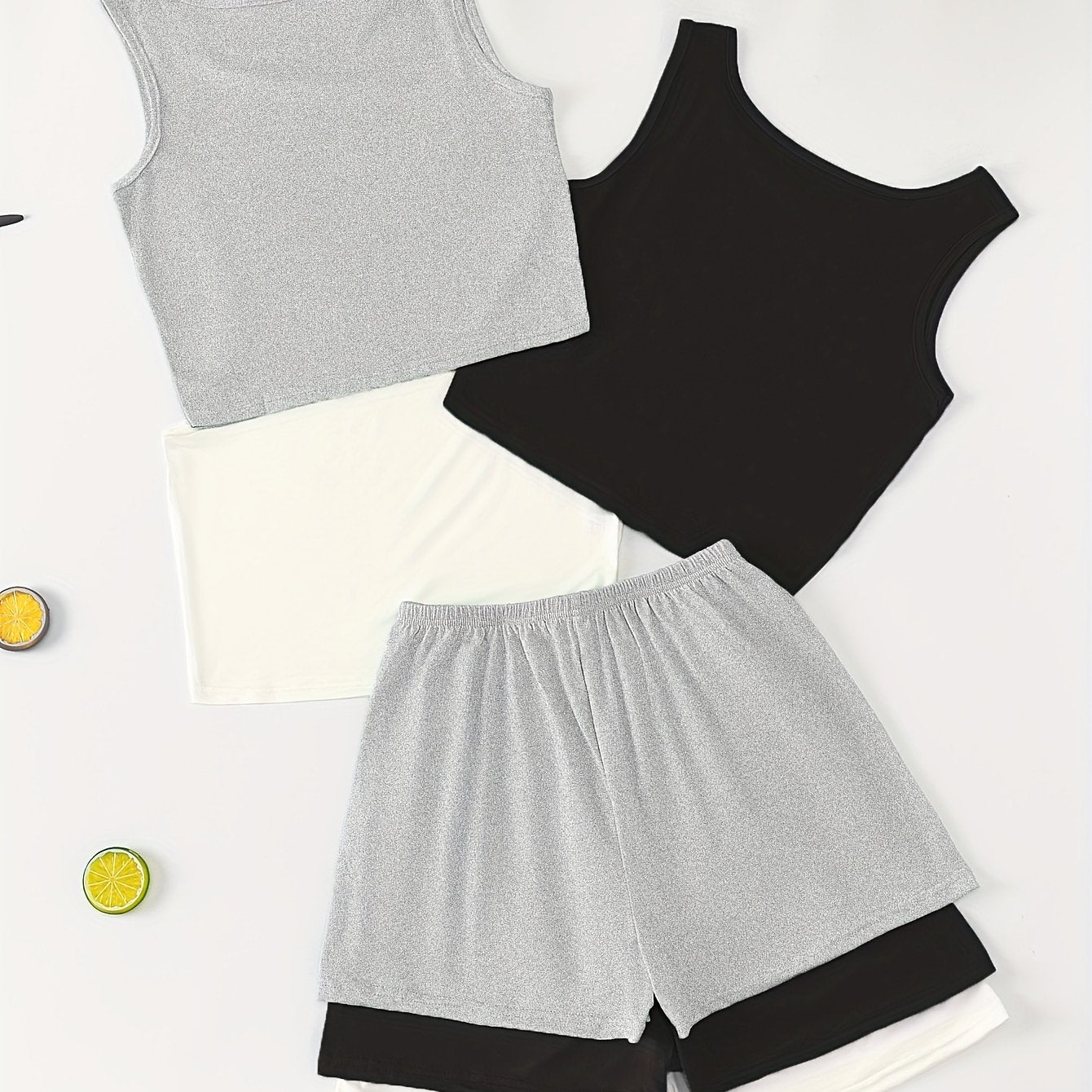 Women's Summer Lounge Set 3-Piece Solid Polyester Sleeveless Crew Neck Casual Sleepwear