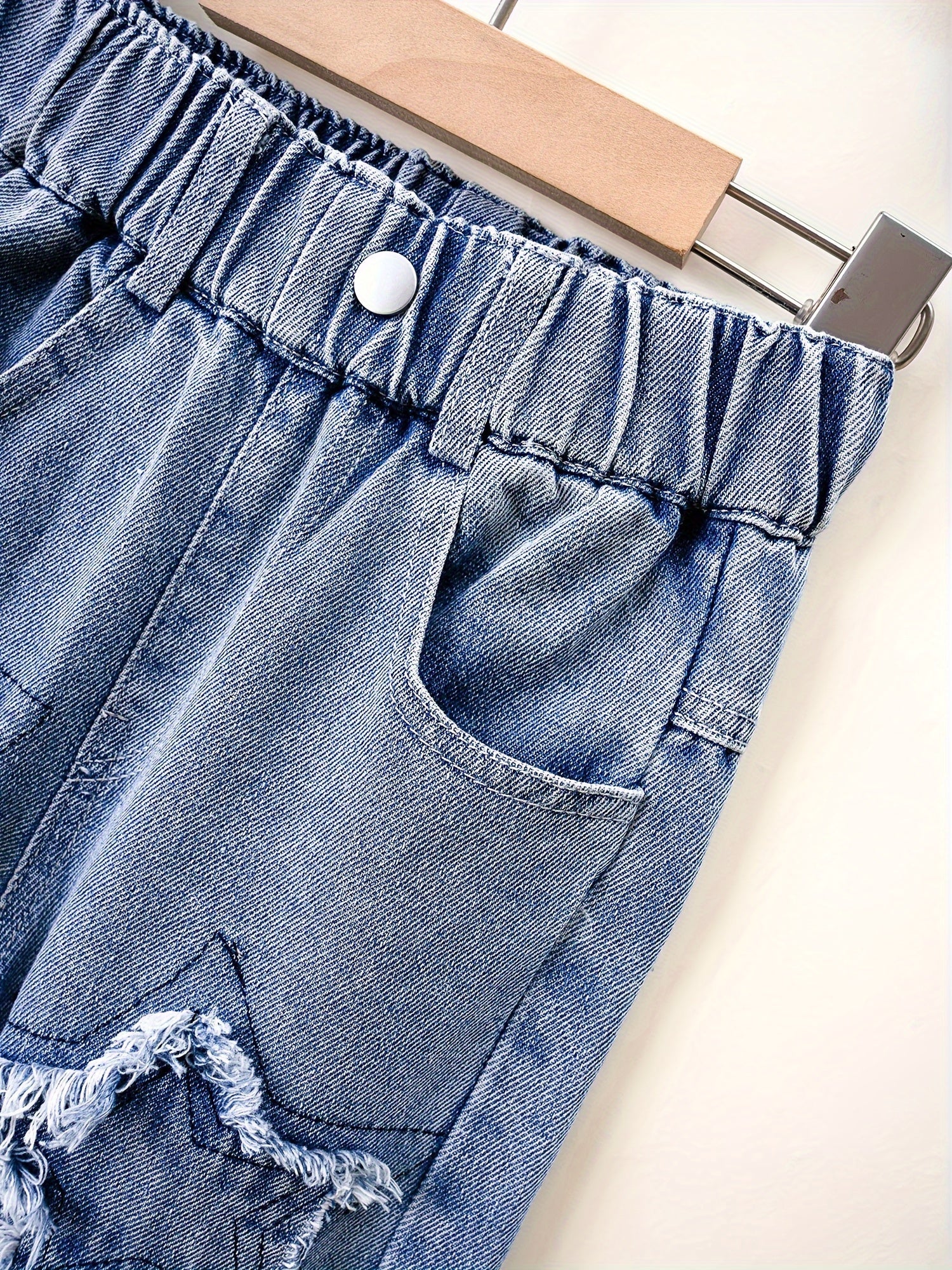 Girls' Straight Leg Denim Jeans with Star Patch, Elastic Waist, Relaxed Fit for Kids
