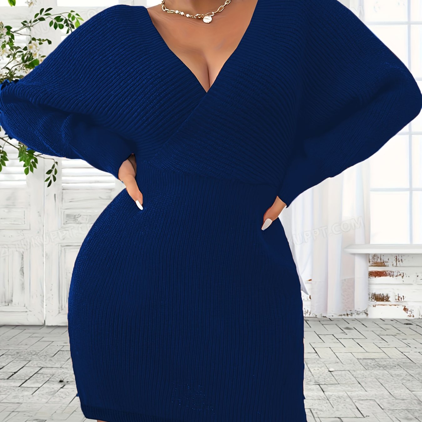 Women's Long Sleeve V-Neck Batwing Dress Solid Color Sweater Fall Winter