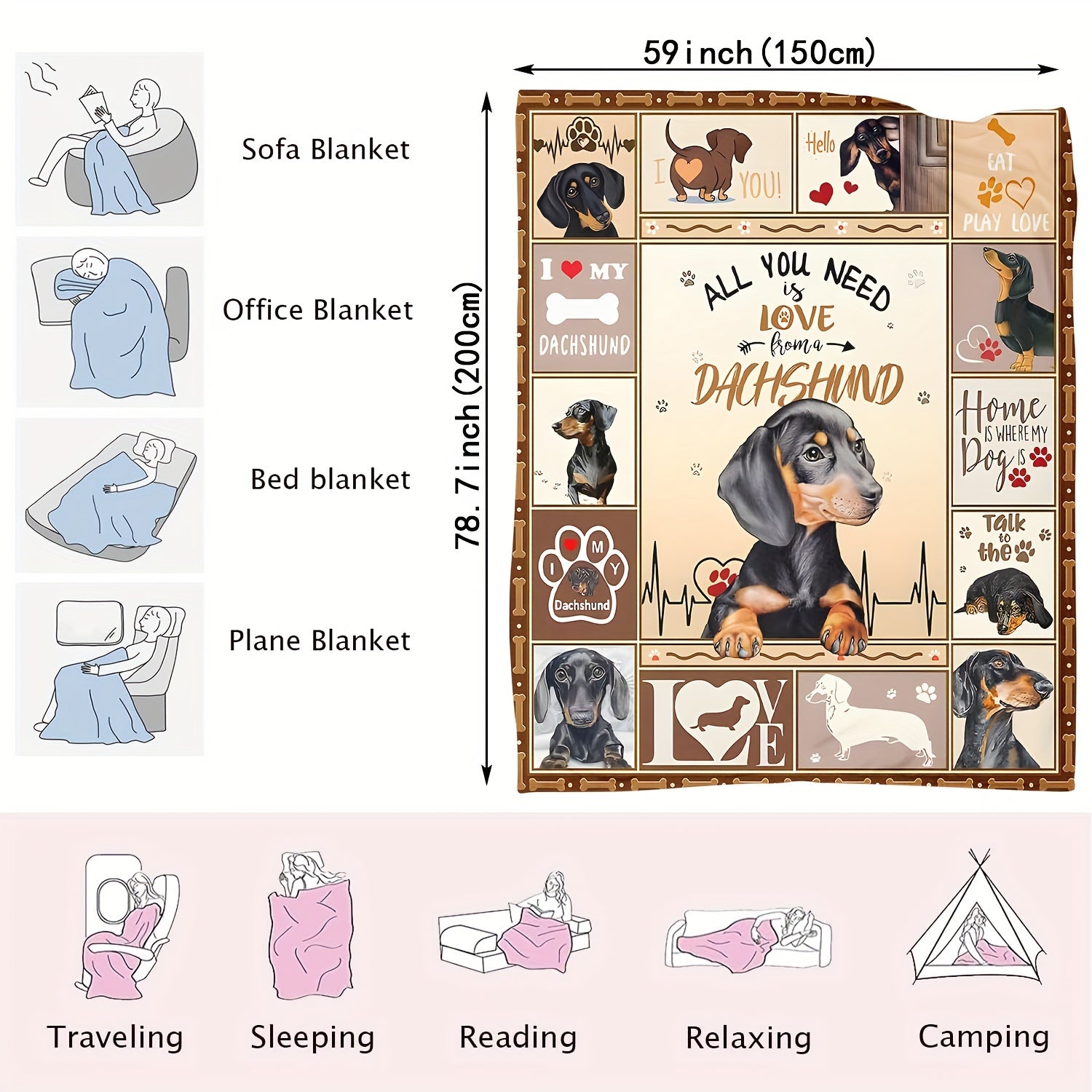 Manta de felpa suave con estampado de perro salchicha para niños y adultos, cálida, acogedora y multiusos