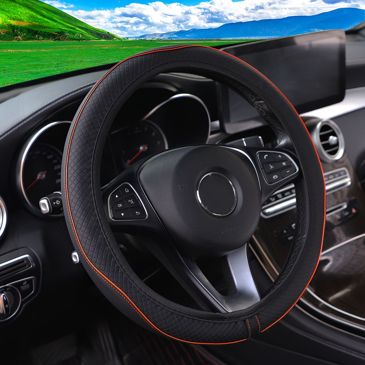 Universal Leather Steering Wheel Cover Non-Slip Black Red Stitching