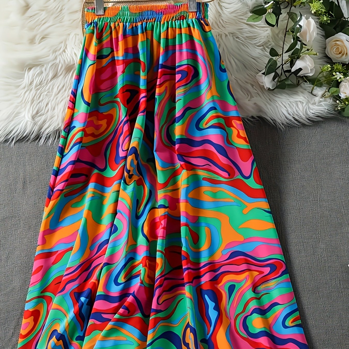 Falda midi casual de talla grande para mujer con estampado abstracto, tela fluida