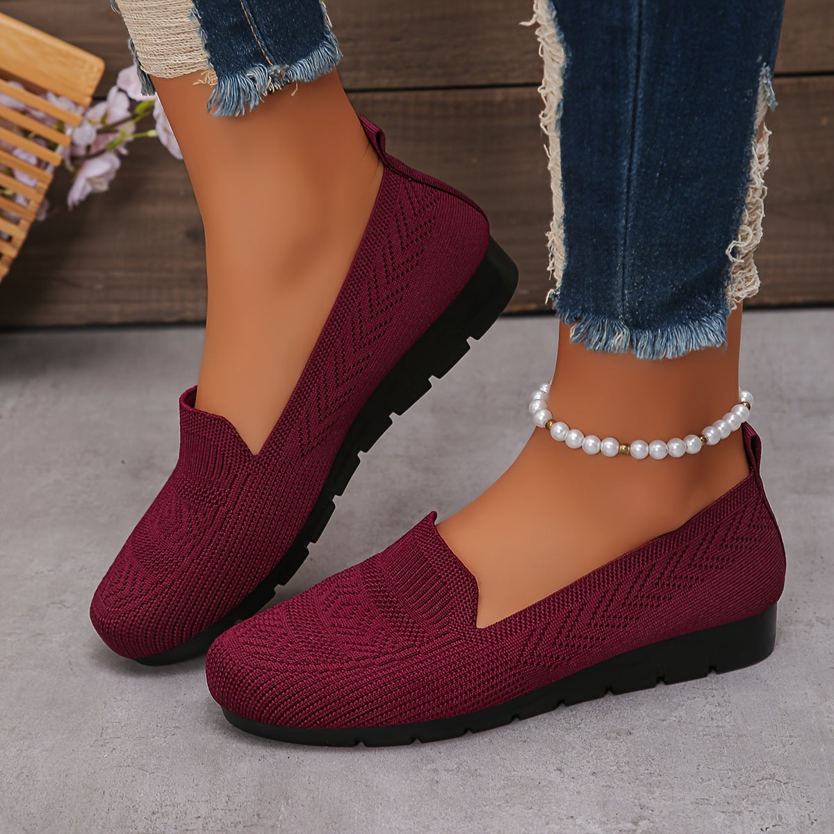 Women's Knit Slip-On Loafers Comfortable Breathable Non-Slip Casual Shoes