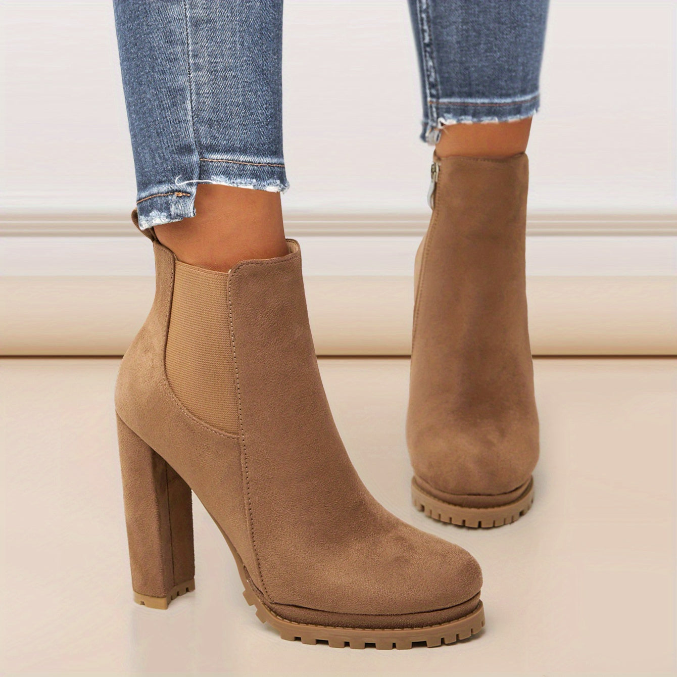 Women's Leather Pointed Toe Short Boots Side Zipper Chunky Heel