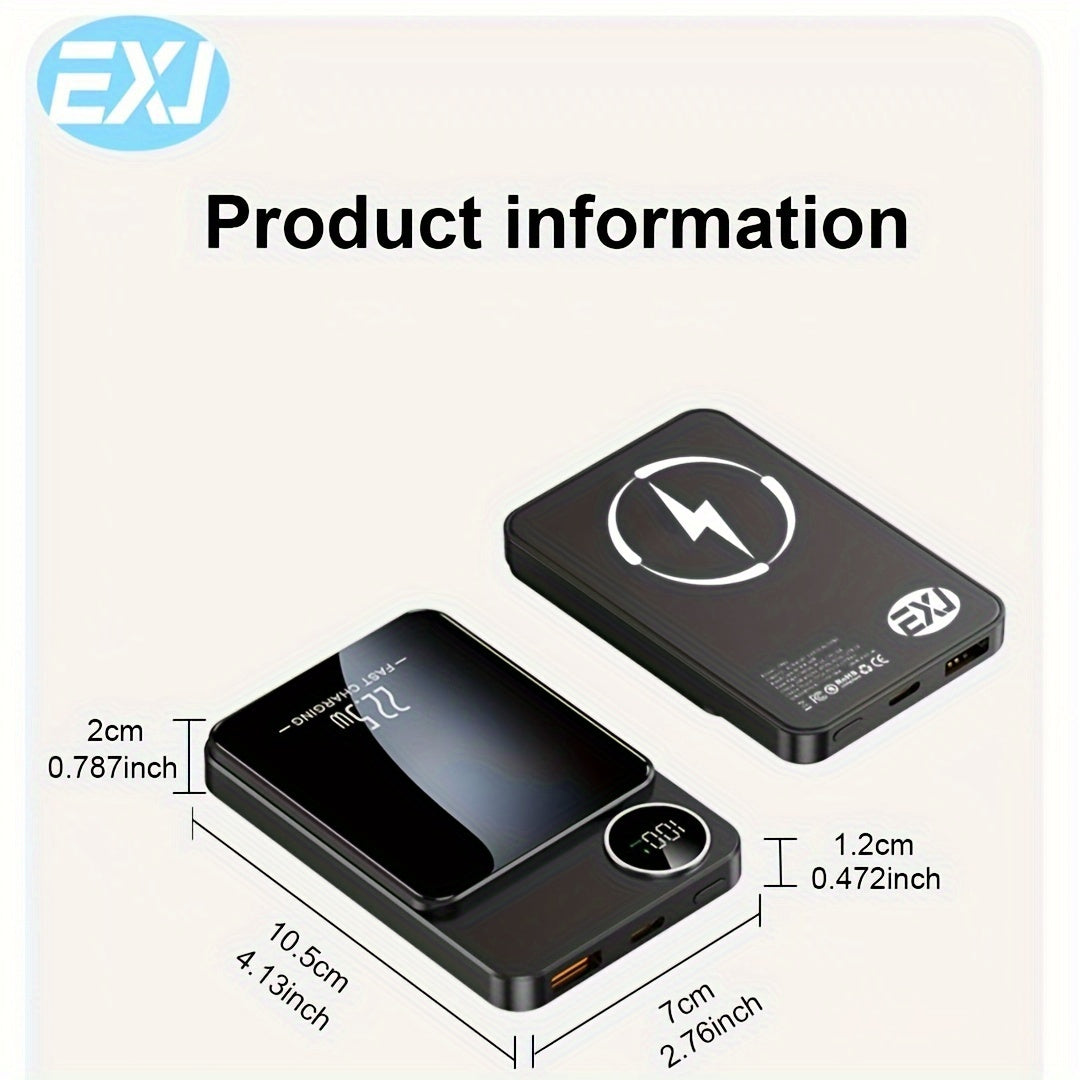 EXJ PD 22.5W Магнитный Повербанк, 10000mAh Беспроводное Портативное Зарядное Устройство с USB-C Кабелем, LED Дисплей, Mag-Safe Батарея для iPhone 12 и новее, с быстрой зарядкой.