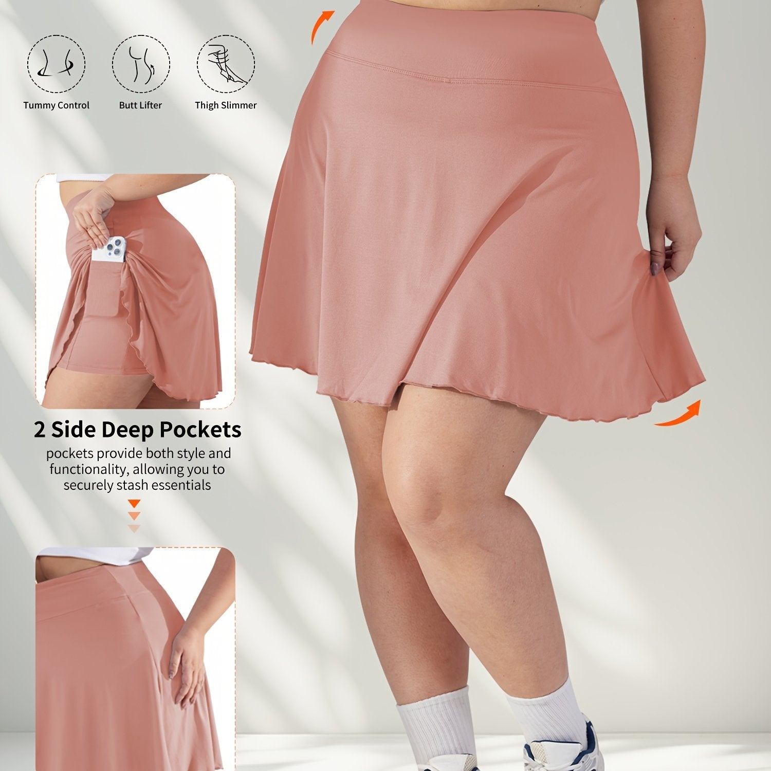 Plus Size Women's Tennis Skirt with Pockets, Green, High Stretch, Athletic Fit