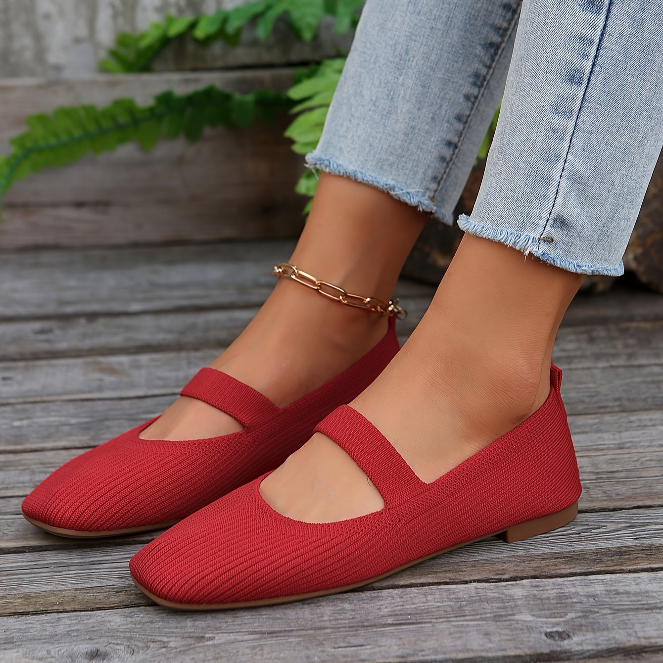 Women's Casual Knit Flats with Square Toe Fabric Upper Slip-On All-Season
