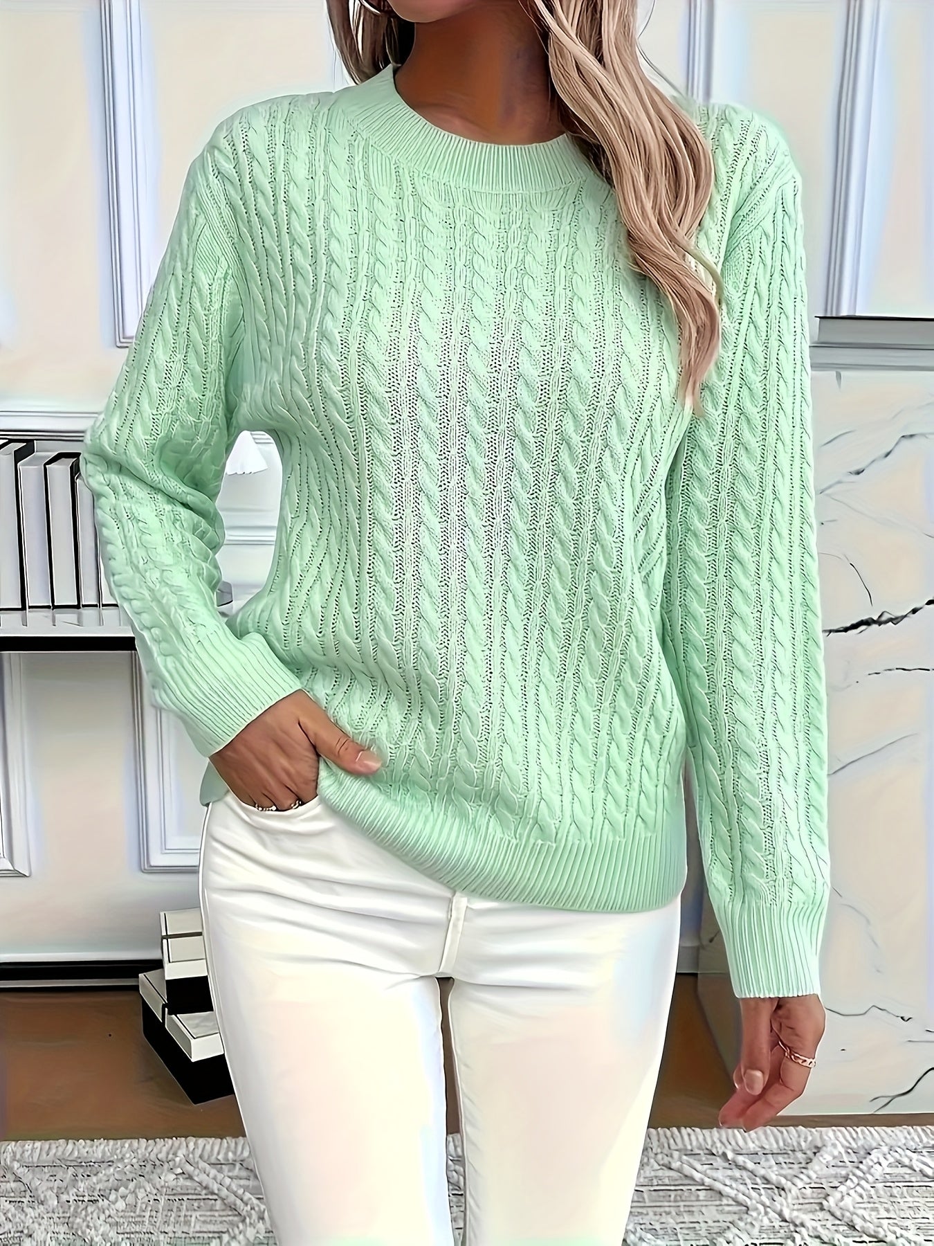Plus Size Women's Mint Green Sweater Long Sleeve Ribbed Knit Casual Spring Summer Fall