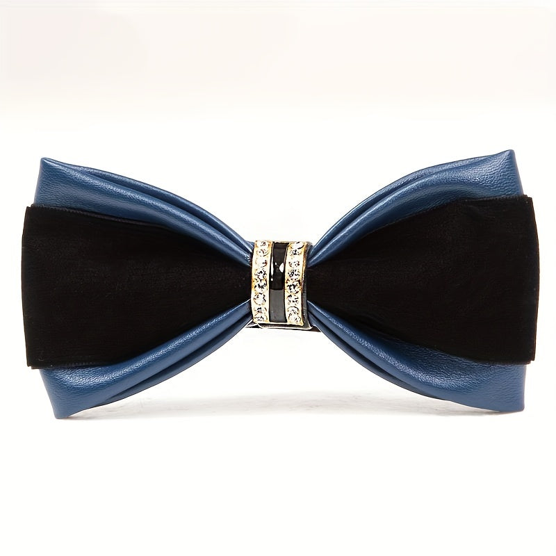 Leather Bow Tie with Rhinestones for Weddings and Formal Events in Black Velvet or Gold