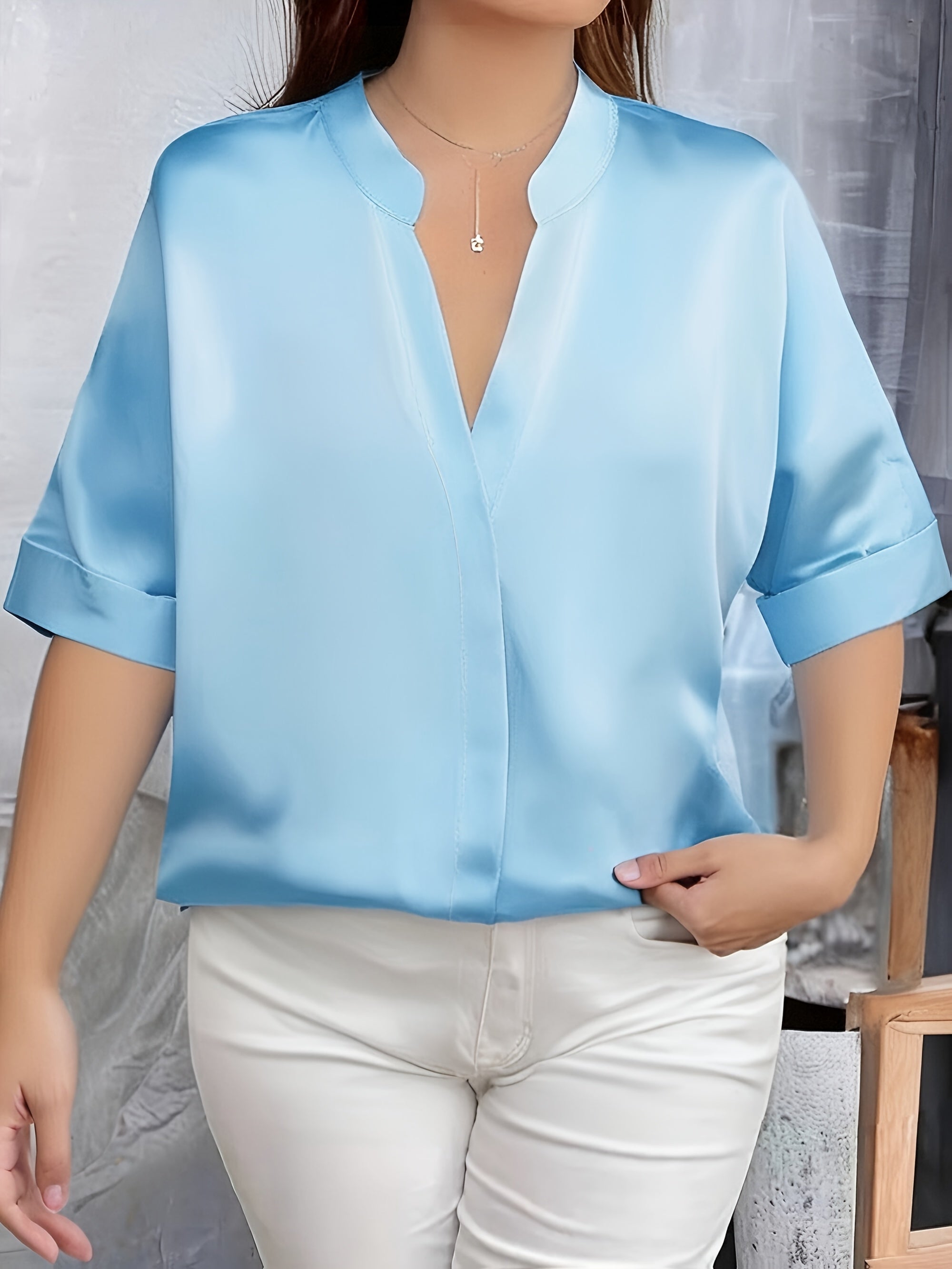 Plus Size Women's V-Neck Blouse Short Sleeve Solid Color Non-Stretch Shirt For Spring Summer