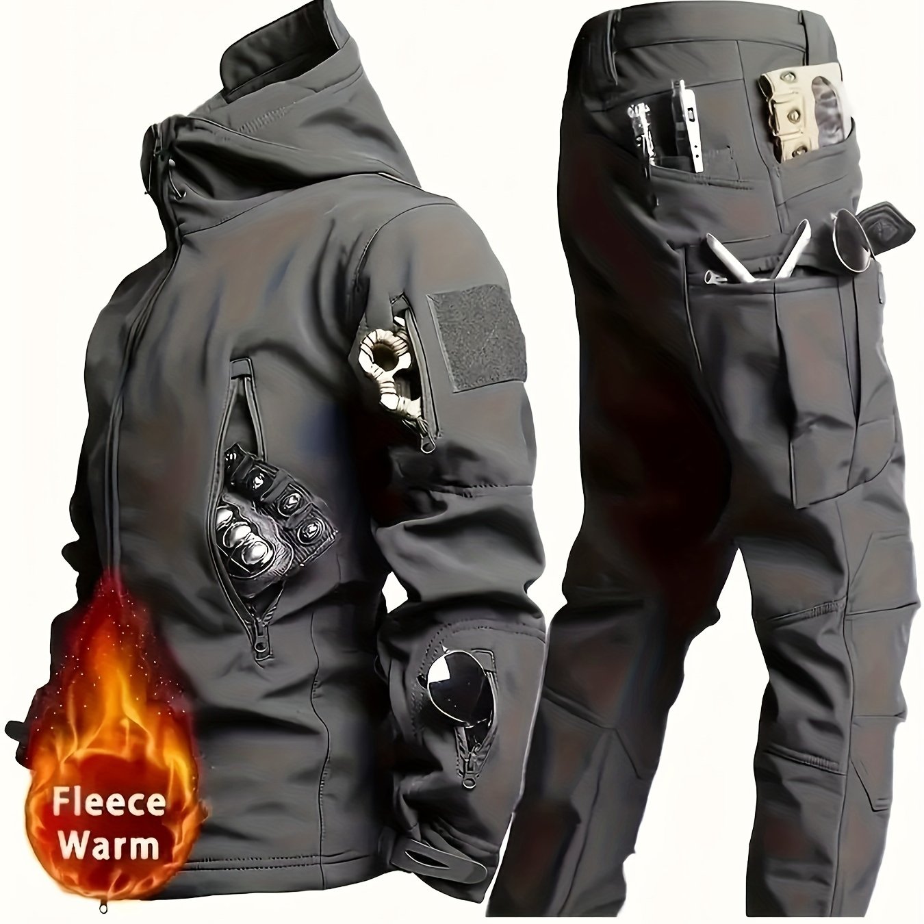 Traje de entrenamiento exterior para hombre, chaqueta con capucha y pantalones de poliéster y spandex, color sólido, corte regular