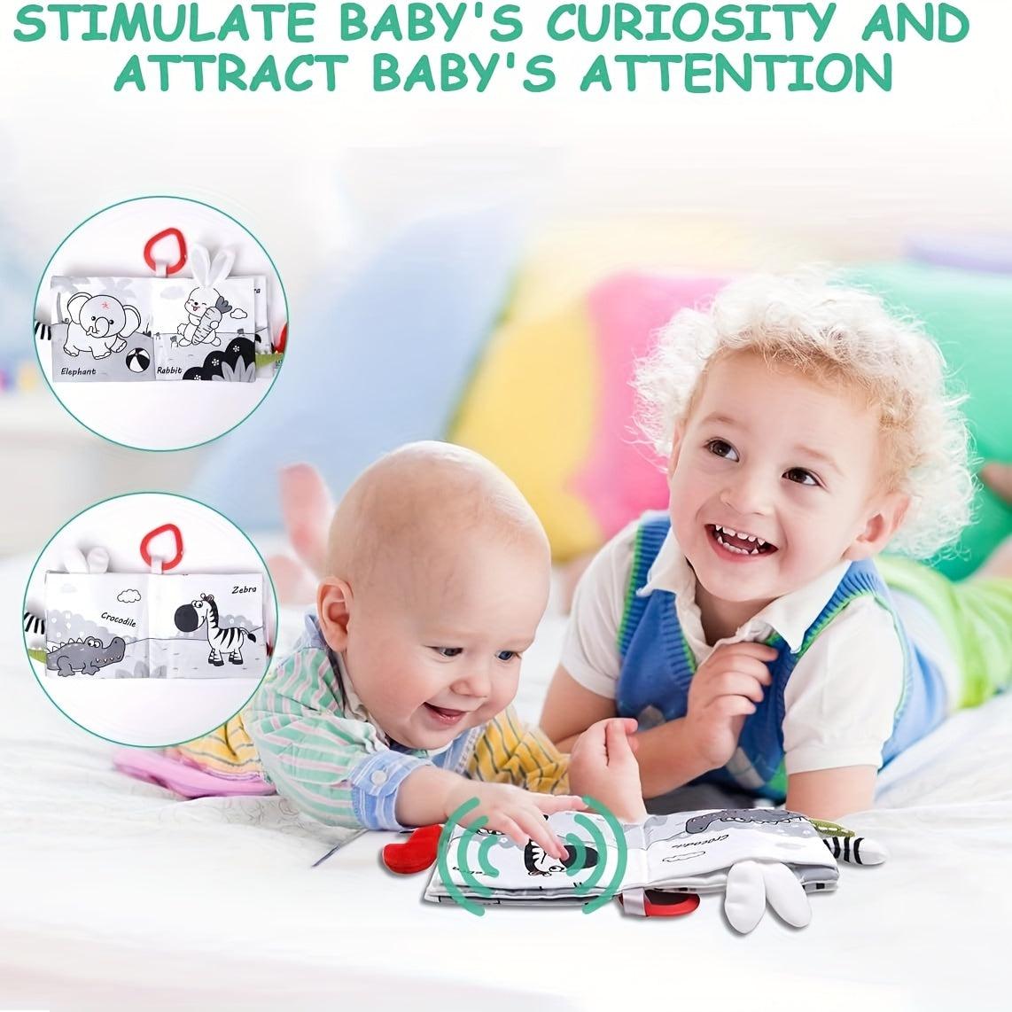 Baby Soft Cloth Book for Babies 0+ with 3D Animal Tails Sensory Touch Educational Board Grey White