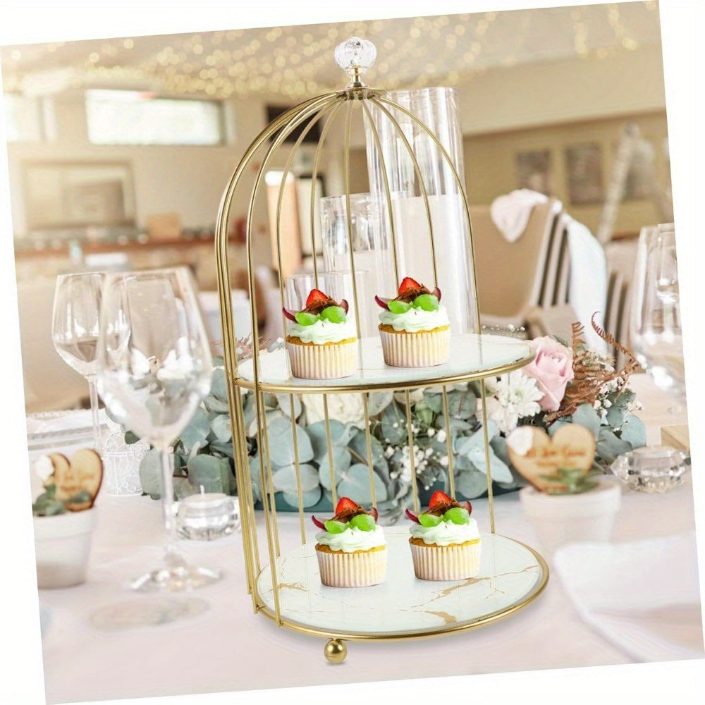 Soporte para pastel de jaula de pájaros de 2 niveles con estantes de mármol, exhibición de postres para bodas y fiestas