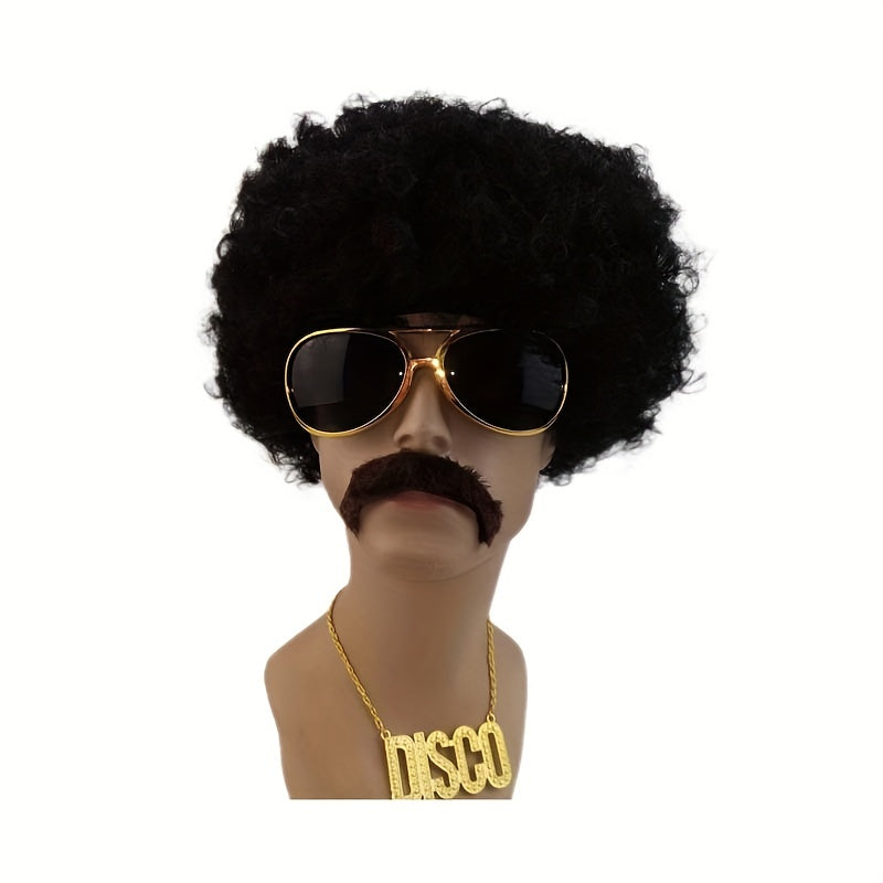 Men's 70s Costume Set with Black Curly Wig Glasses Necklace Beard