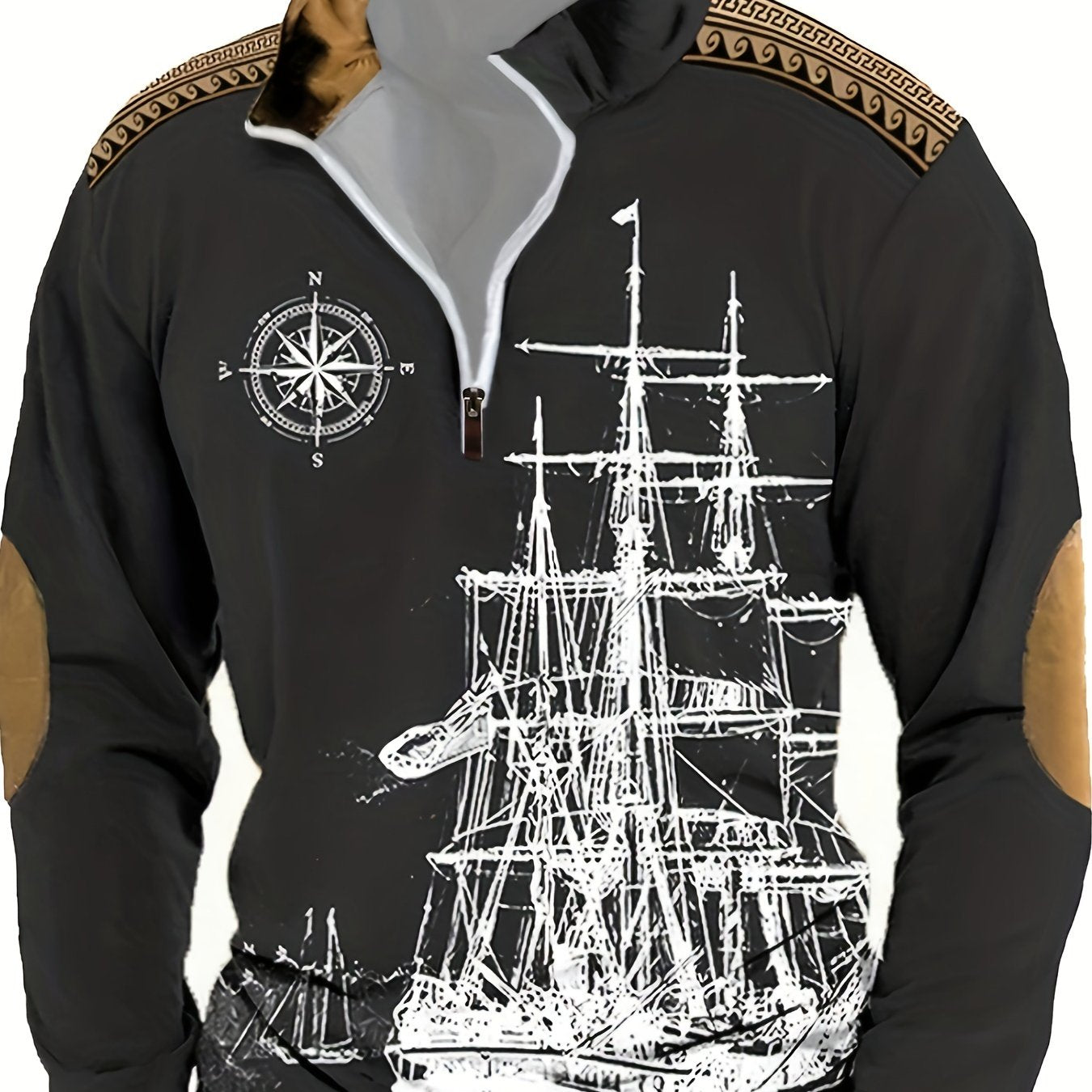 Men's Nautical Ship Print Henley Sweatshirt Polyester Fall Winter Casual Loose Fit