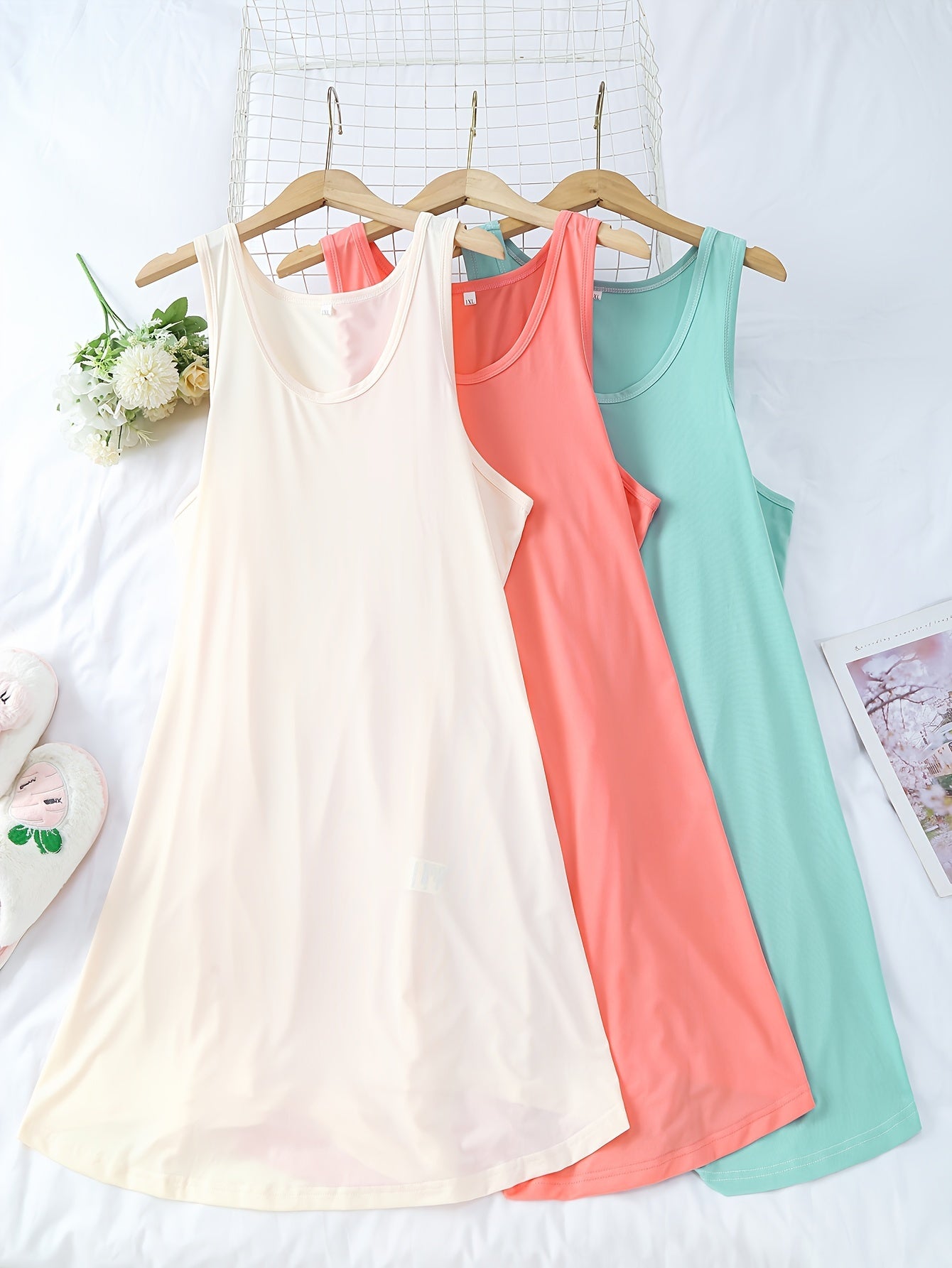 Mujeres camisón de noche de color sólido con cuello redondo, pack de 3, poliéster elastano