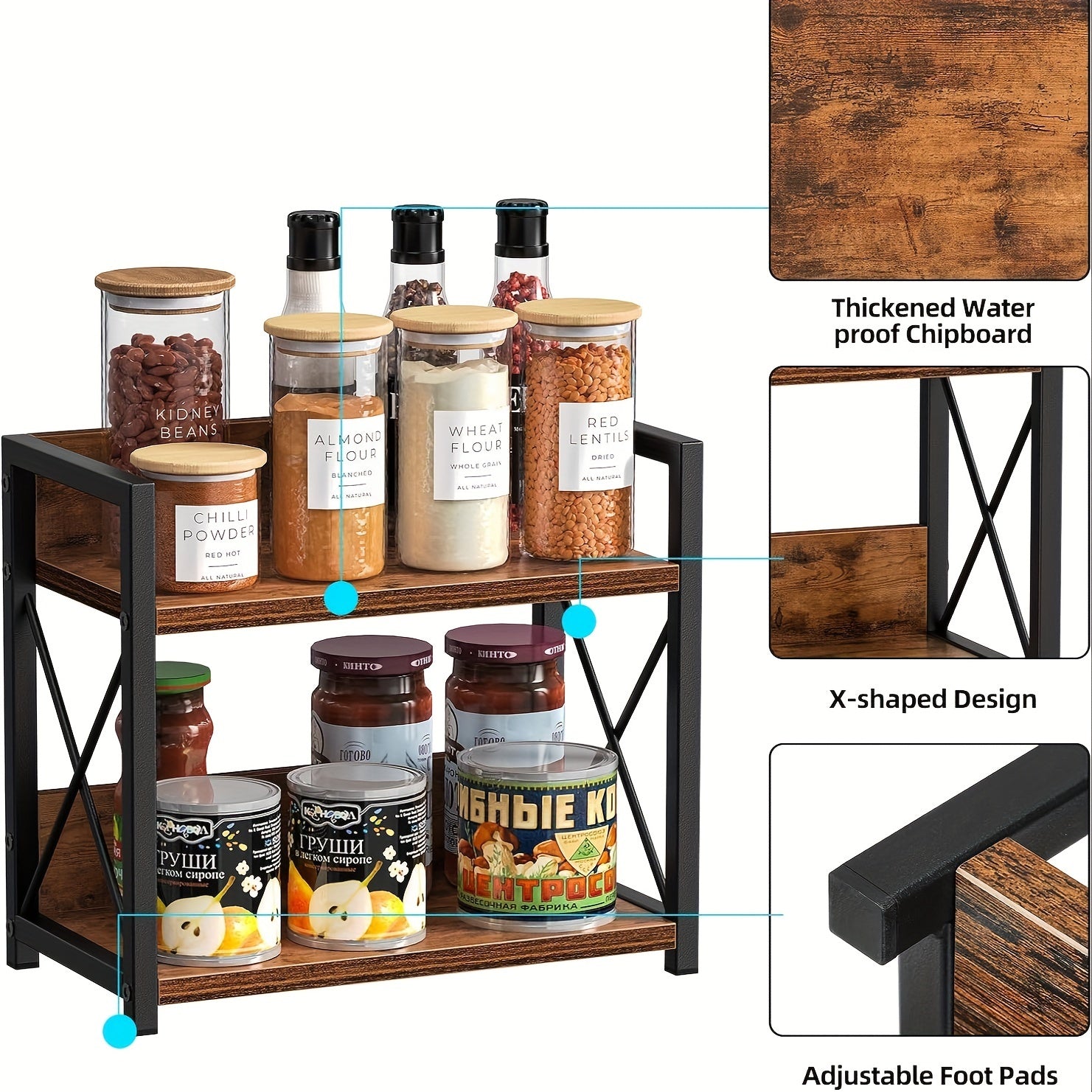Country Brown Wooden Metal Countertop Organizer with Two Tiers for Kitchen Storage