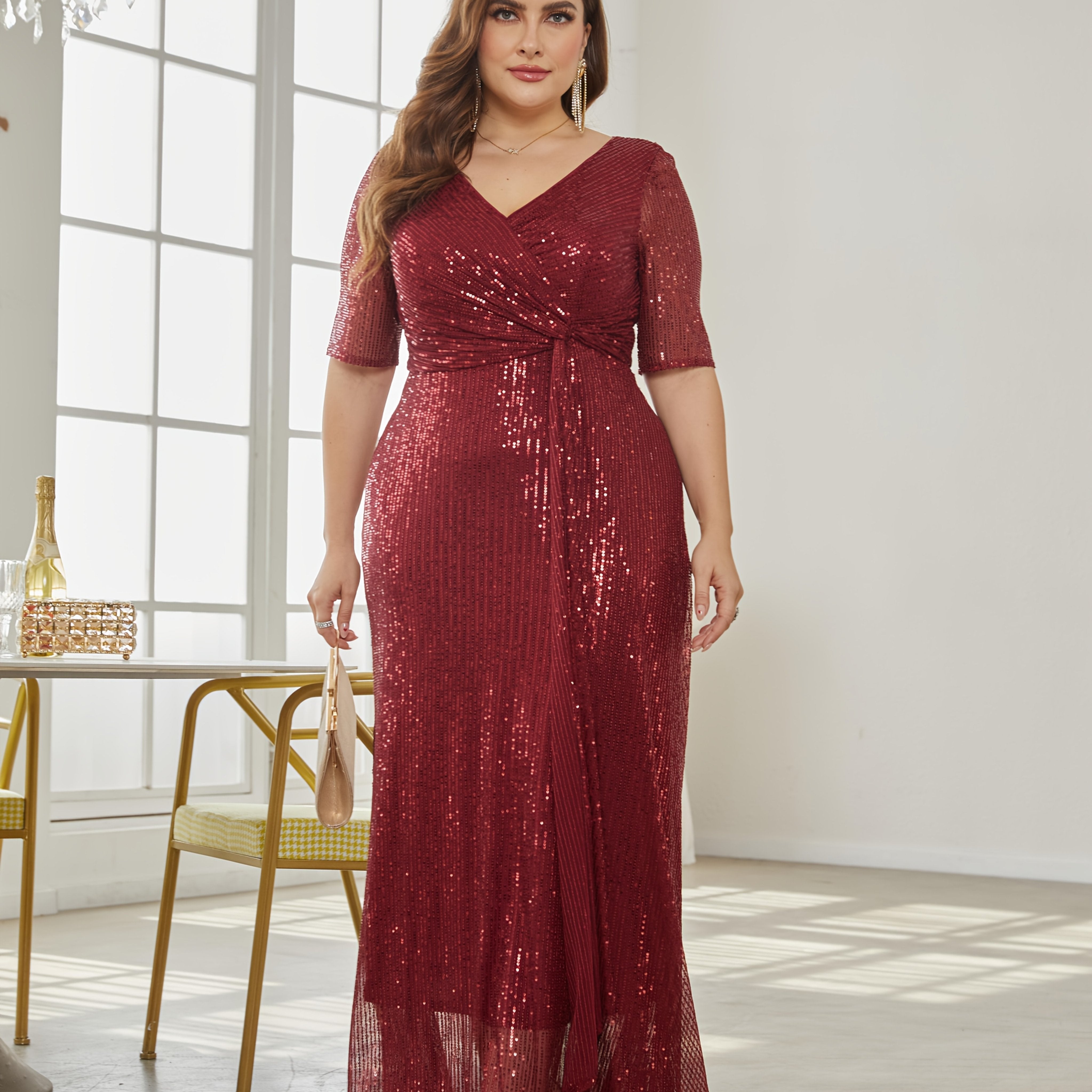 Plus Size Sequin Long Skirt Solid Color Party Dress for Women